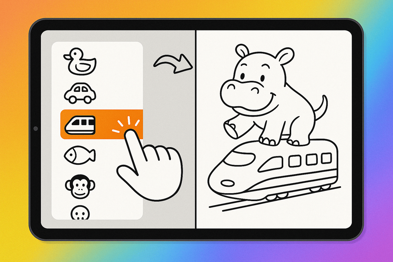 AIぬりえ UIデモ1: ドロップダウンブロック UI とアイコンパレット。「およいでる＋きょうりゅう」など複数キーワードを組み合わせる操作例。