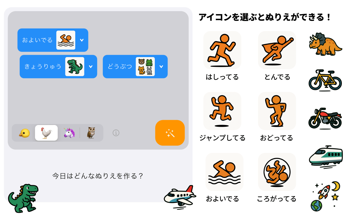 AIぬりえ UIデモ2: スマホを斜めに撮ったモック。青い選択ボックスと魔法の杖アイコン、周囲にユニコーン・アヒルなど 3D 風アイコンが浮かぶ。
