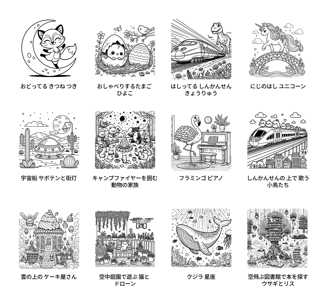 AIぬりえ UIデモ3: 12 枚の生成済み線画サムネイルを 4×3 グリッドで並べたギャラリー。「はしってる しんかんせん」など例題付き。